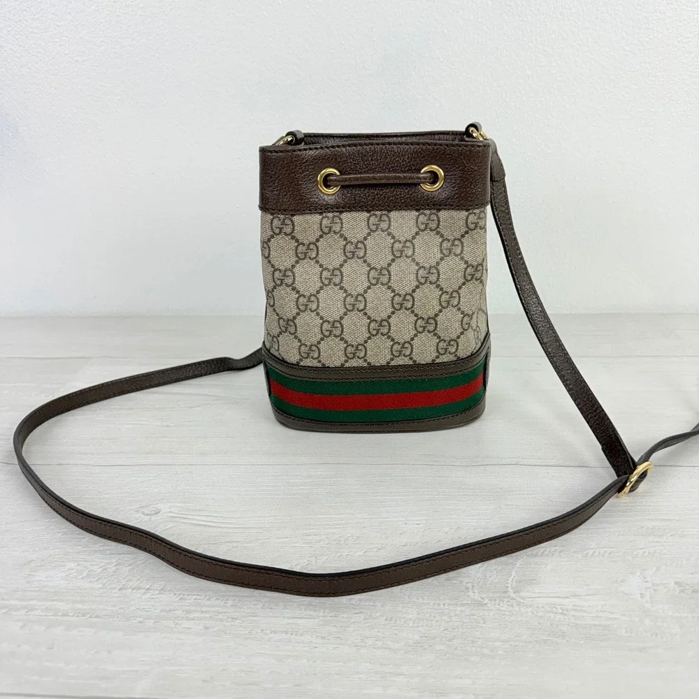 Gucci Ophidia Mini Bucket Crossbody Bag GG Supreme Web Stripe Tassel Luxury Chic